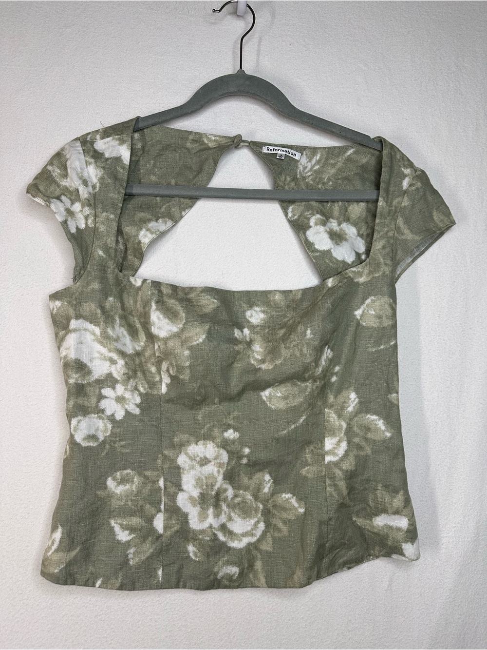 Reformation Cora Floral Print Linen Square Neck Linen Short Sleeve Top Size 12